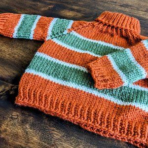 Green - Orange striped Overseized long sleeved Hand knit pullover turtle neck